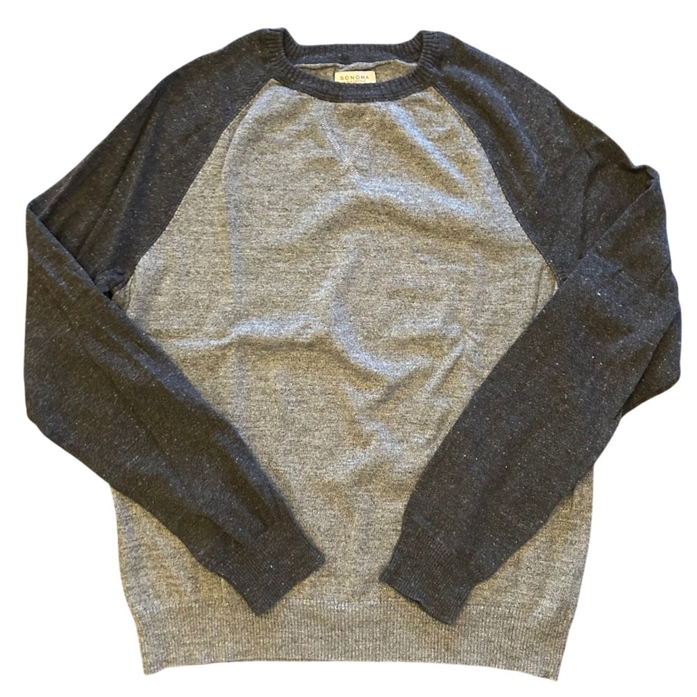 SONOMA Mens Crew Neck Raglan Sleeve‎ Two-Toned Gray Knit Cotton Sweater Size L